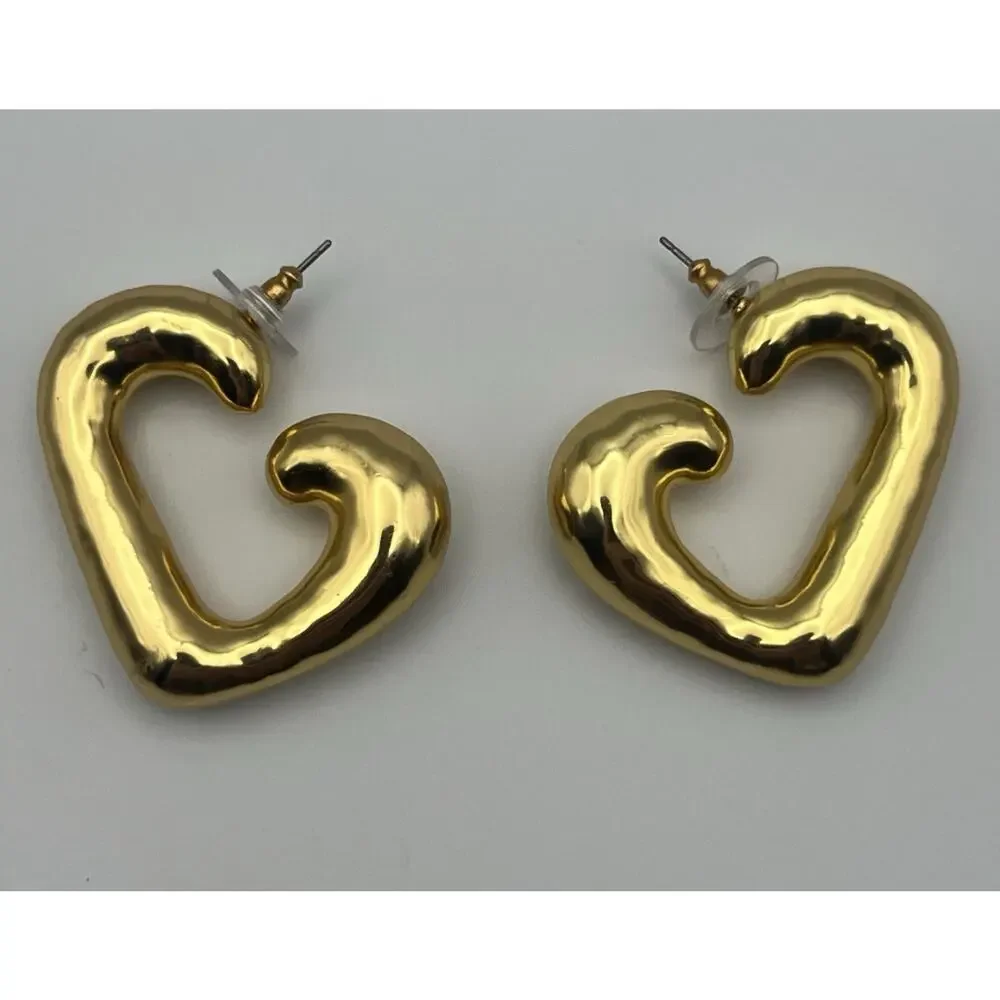 J Crew Heart Hoop Earrings in Shiny Matte Gold Puffy Statement